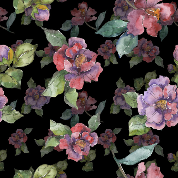 Red and purple camellia flowers. Watercolor illustration set. Seamless background pattern. Fabric wallpaper print texture. - Foto, Bild