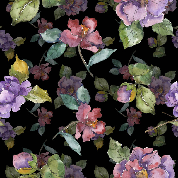 Red and purple camellia flowers. Watercolor illustration set. Seamless background pattern. Fabric wallpaper print texture. - Valokuva, kuva