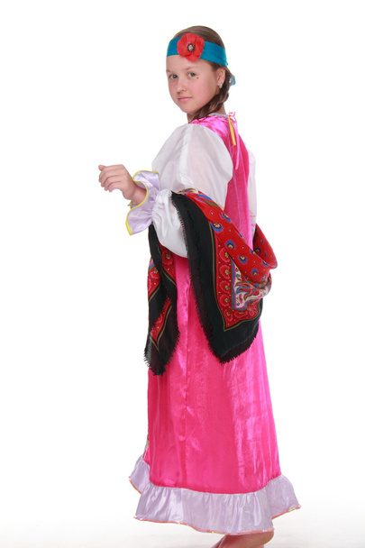 Girl in traditional Russian costume on white background - Фото, изображение