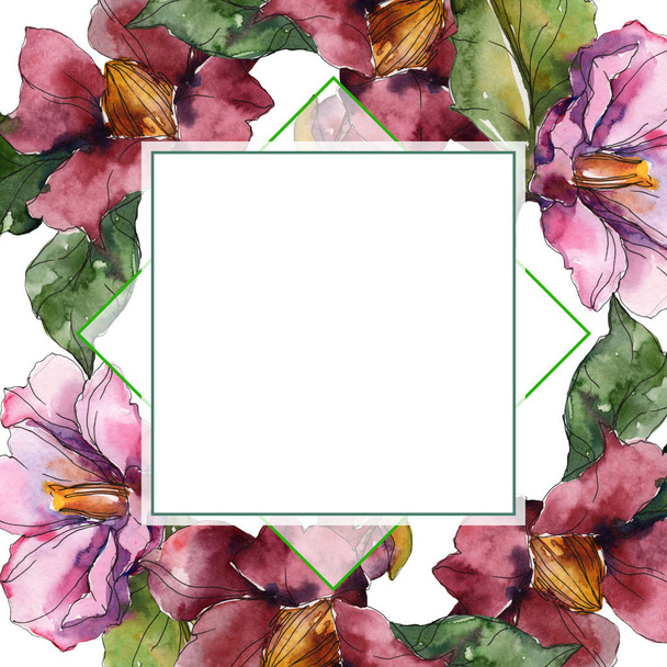 Red and purple camellia flowers. Watercolor background illustration set. Frame border ornament with copy space. - Fotó, kép
