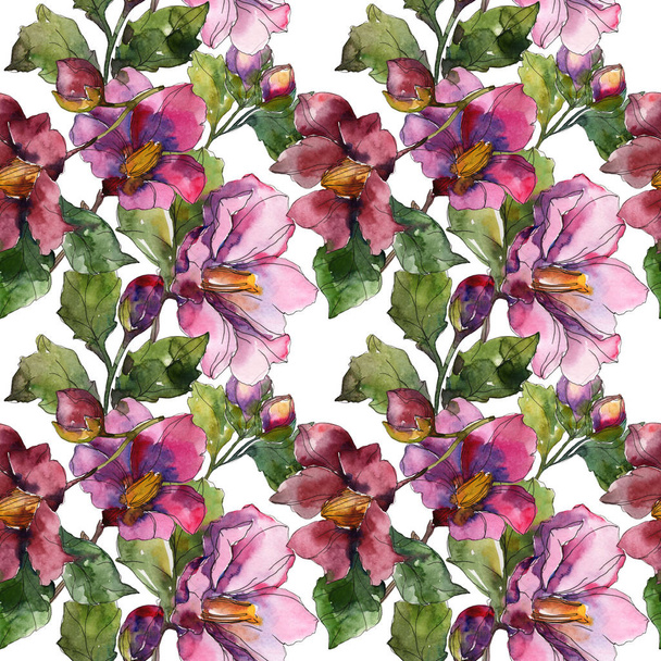 Red and purple camellia flowers. Watercolor illustration set. Seamless background pattern. Fabric wallpaper print texture. - Foto, immagini