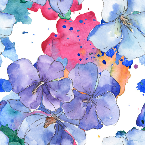 Blue purple flax floral botanical flower. Wild spring leaf isolated. Watercolor illustration set. Watercolour drawing fashion aquarelle. Seamless background pattern. Fabric wallpaper print texture. - Photo, Image