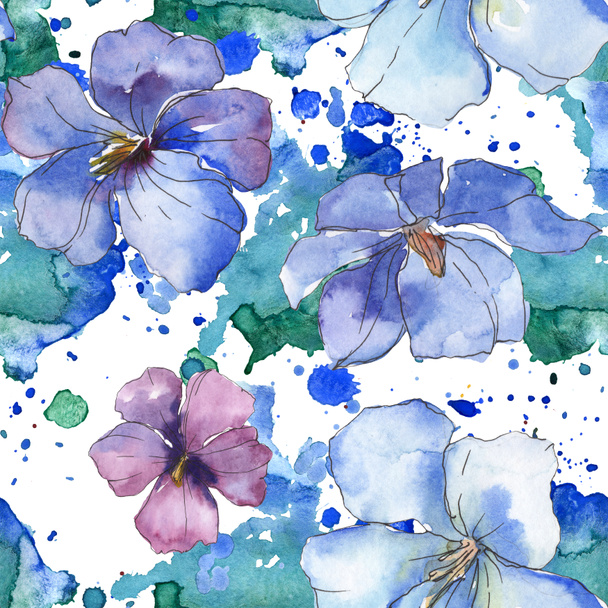 Modré fialové lněné květinové botanické květina. Divoký jarní listové izolované. Sada akvarel ilustrace. Akvarel výkresu módní aquarelle. Vzor bezešvé pozadí. Fabric tapety tisku textura. - Fotografie, Obrázek