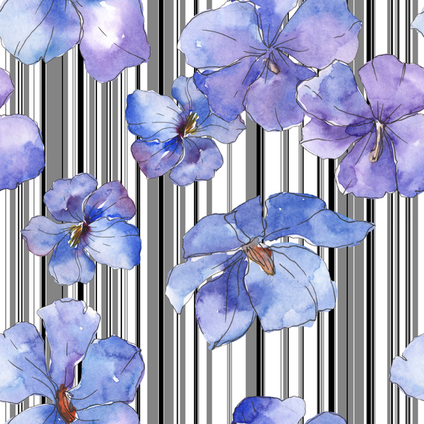 Blauw paarse vlas floral botanische bloem. Wild voorjaar blad geïsoleerd. Aquarel illustratie set. Aquarel tekenen mode aquarelle. Naadloze achtergrondpatroon. Structuur behang print textuur. - Foto, afbeelding