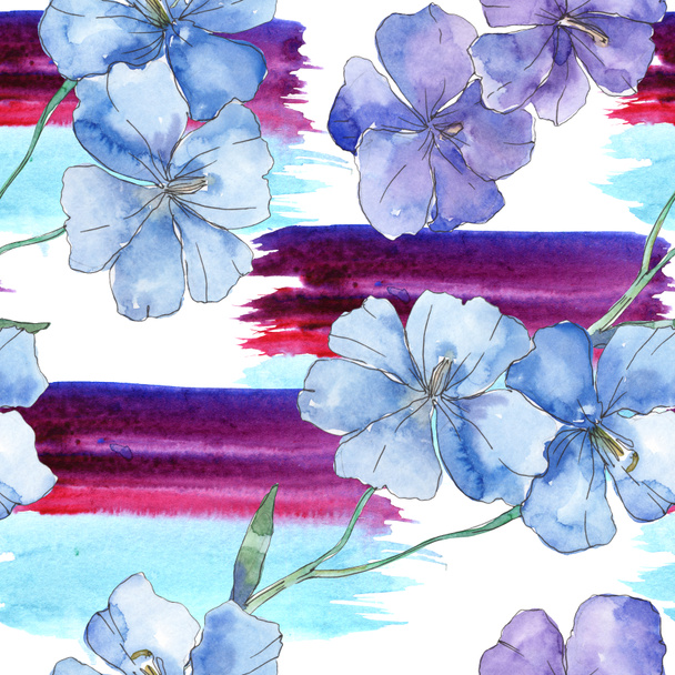 Blue purple flax floral botanical flower. Wild spring leaf isolated. Watercolor illustration set. Watercolour drawing fashion aquarelle. Seamless background pattern. Fabric wallpaper print texture. - Фото, зображення