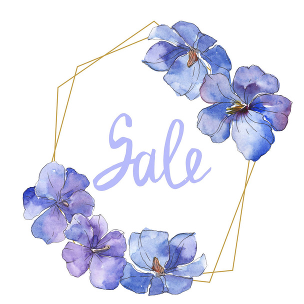 Blue purple flax. Floral botanical flower. Wild spring leaf wildflower isolated. Watercolor background illustration set. Watercolour drawing fashion aquarelle isolated. Frame border ornament square. - Photo, image
