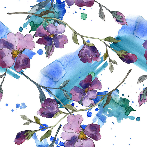 Blue purple flax floral botanical flower. Wild spring leaf isolated. Watercolor illustration set. Watercolour drawing fashion aquarelle. Seamless background pattern. Fabric wallpaper print texture. - Фото, зображення