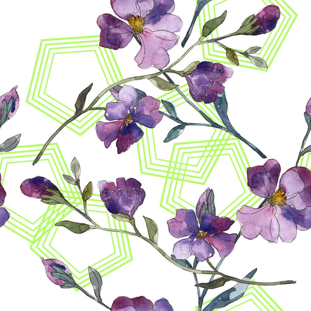 Blue purple flax floral botanical flower. Wild spring leaf isolated. Watercolor illustration set. Watercolour drawing fashion aquarelle. Seamless background pattern. Fabric wallpaper print texture. - 写真・画像