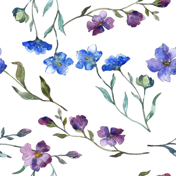Kék lila len floral botanikus virág. Vad tavaszi levél elszigetelt. Akvarell illusztráció készlet. Akvarell rajz divat aquarelle. Varratmentes háttérben minta. Anyagot a nyomtatási textúrát. - Fotó, kép