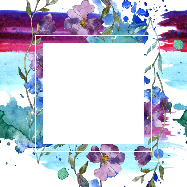 Blue purple flax floral botanical flower. Wild spring leaf wildflower isolated. Watercolor background illustration set. Watercolour drawing fashion aquarelle isolated. Frame border ornament square. - Foto, immagini
