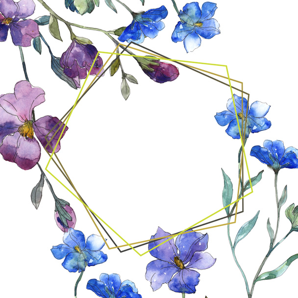 Μπλε μοβ floral βοτανικό άνθους λιναριού. Άγρια άνοιξη φύλλων wildflower απομονωμένη. Ακουαρέλα φόντο εικόνα σύνολο. Ακουαρέλα σχεδίασης μόδας aquarelle απομονωμένη. Πλαίσιο συνόρων στολίδι τετράγωνο. - Φωτογραφία, εικόνα