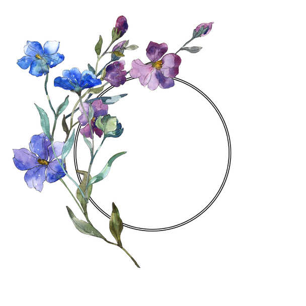 青い紫色亜麻花植物の花。野生春葉のワイルドフラワーが分離されました。水彩画背景イラスト セット。水彩描画のファッション aquarelle 分離します。フレーム枠飾りスクエア. - 写真・画像