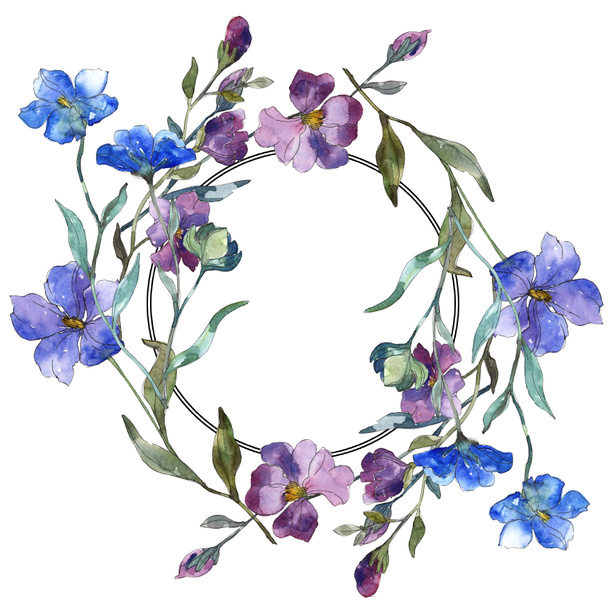 Kék lila len floral botanikus virág. Vad tavaszi levél vadvirág elszigetelt. Akvarell háttér illusztráció készlet. Akvarell rajz divat aquarelle elszigetelt. Test határ Dísz tér. - Fotó, kép