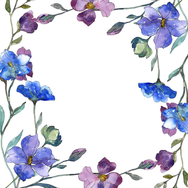 Blue purple flax floral botanical flower. Wild spring leaf wildflower isolated. Watercolor background illustration set. Watercolour drawing fashion aquarelle isolated. Frame border ornament square. - Foto, afbeelding
