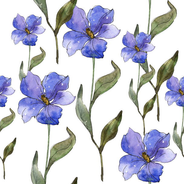 Modré fialové lněné květinové botanické květina. Divoký jarní listové izolované. Sada akvarel ilustrace. Akvarel výkresu módní aquarelle. Vzor bezešvé pozadí. Fabric tapety tisku textura. - Fotografie, Obrázek
