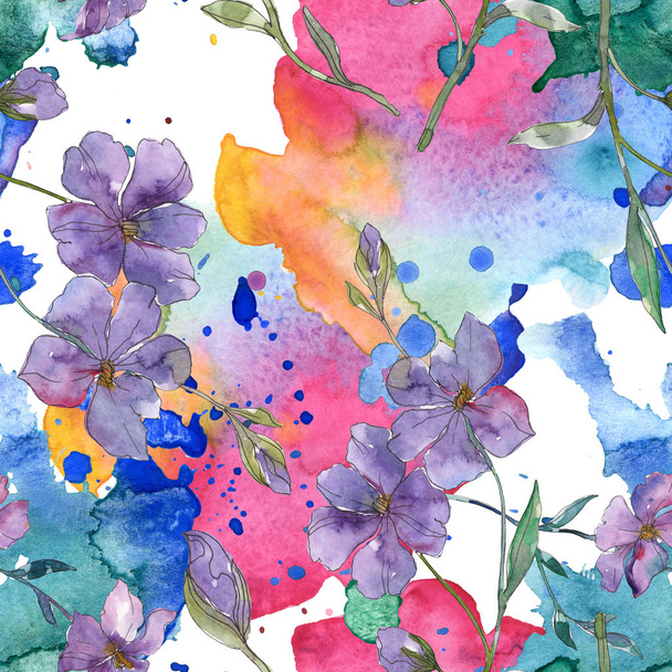 青と紫の亜麻の植物花 野生春葉が分離されました 水彩イラスト セット 水彩描画ファッション Aquarelle シームレスな背景パターン 壁紙印刷手触りの生地 ロイヤリティフリー写真 画像素材