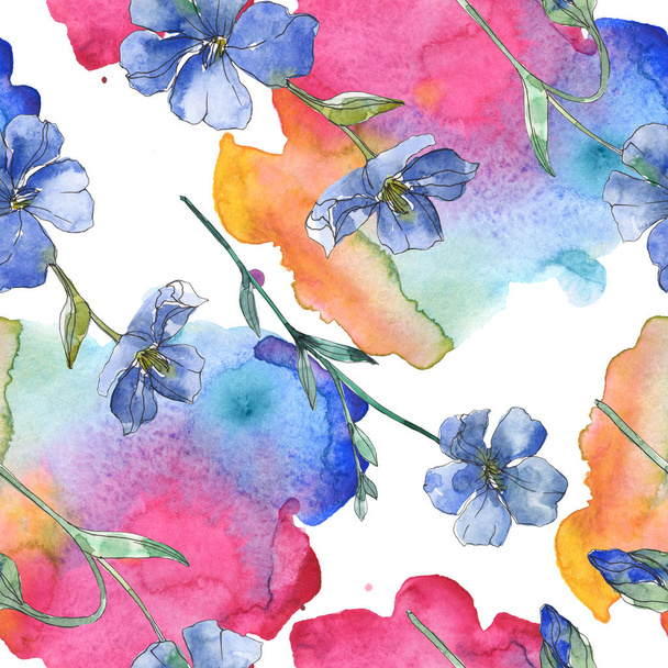 Keten botanik çiçek mavi ve mor. Vahşi bahar yaprak izole. Suluboya resim kümesi. Suluboya çizim moda aquarelle. Sorunsuz arka plan deseni. Kumaş duvar kağıdı yazdırma doku. - Fotoğraf, Görsel