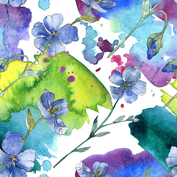 Blue and purple flax botanical flower. Wild spring leaf isolated. Watercolor illustration set. Watercolour drawing fashion aquarelle. Seamless background pattern. Fabric wallpaper print texture. - Фото, изображение