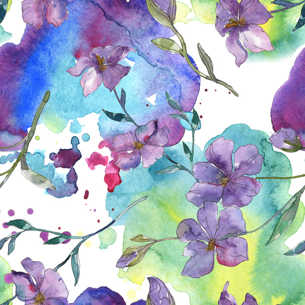 Kék és lila len botanikai virág. Vad tavaszi levél elszigetelt. Akvarell illusztráció készlet. Akvarell rajz divat aquarelle. Varratmentes háttérben minta. Anyagot a nyomtatási textúrát. - Fotó, kép