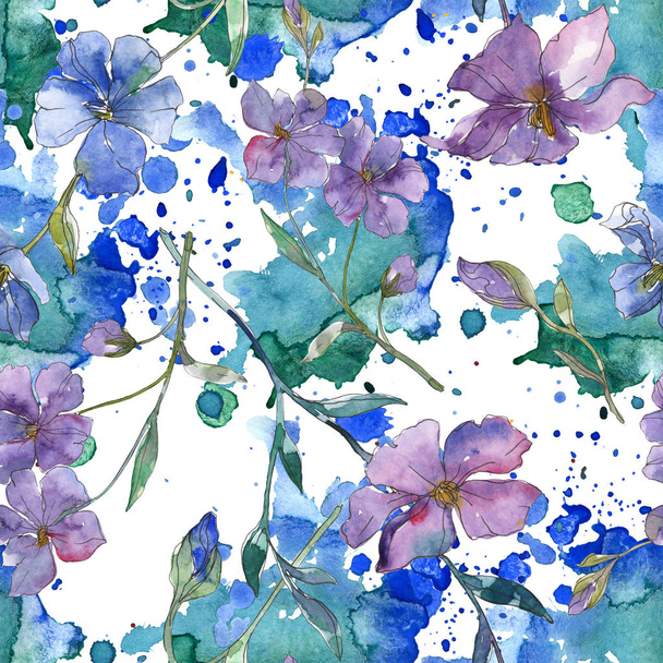 Blue and purple flax botanical flower. Wild spring leaf isolated. Watercolor illustration set. Watercolour drawing fashion aquarelle. Seamless background pattern. Fabric wallpaper print texture. - Фото, изображение