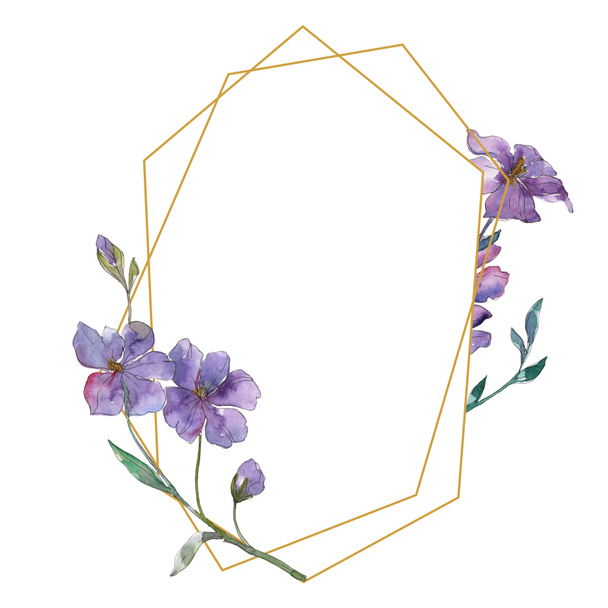 Blue and purple flax floral botanical flower. Wild spring leaf wildflower isolated. Watercolor background illustration set. Watercolour drawing fashion aquarelle. Frame border ornament square. - Fotografie, Obrázek