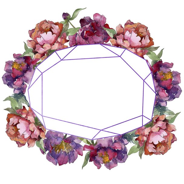 Purple isolated on white peonies watercolor background illustration set. Frame border ornament. - Foto, Bild