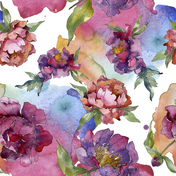 Purple peonies watercolor illustration set. Seamless background pattern. Fabric wallpaper print texture. - Valokuva, kuva