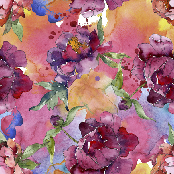 Purple peonies watercolor illustration set. Seamless background pattern. Fabric wallpaper print texture. - Photo, Image