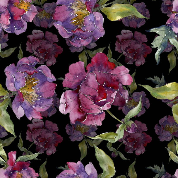 Purple peonies watercolor illustration set. Seamless background pattern. Fabric wallpaper print texture. - Foto, Imagem