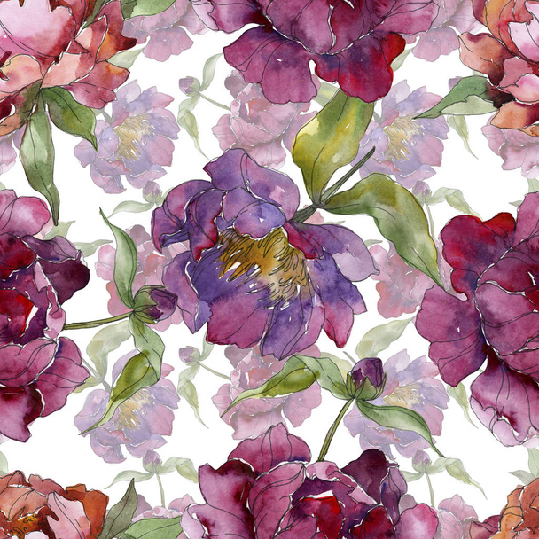 Purple peonies watercolor illustration set. Seamless background pattern. Fabric wallpaper print texture. - Zdjęcie, obraz