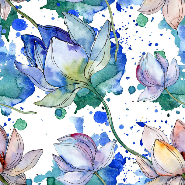 Blue and purple lotuses with leaves. Watercolor illustration set. Seamless background pattern. Fabric wallpaper print texture. - Fotó, kép