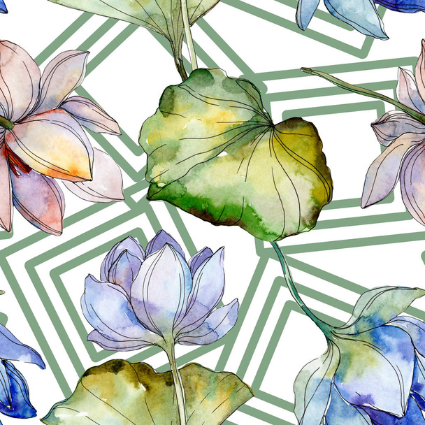 Blue and purple lotuses with leaves. Watercolor illustration set. Seamless background pattern. Fabric wallpaper print texture. - Foto, imagen