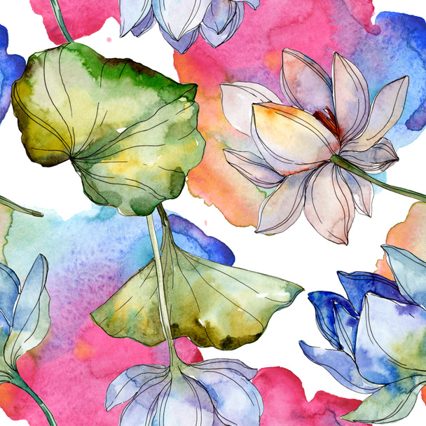 Lotus bleu et violet avec des feuilles. Ensemble d'illustration aquarelle. Modèle de fond sans couture. Texture d'impression papier peint tissu
. - Photo, image