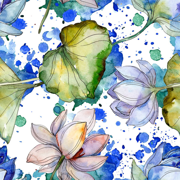 Blue and purple lotuses with leaves. Watercolor illustration set. Seamless background pattern. Fabric wallpaper print texture. - Фото, изображение
