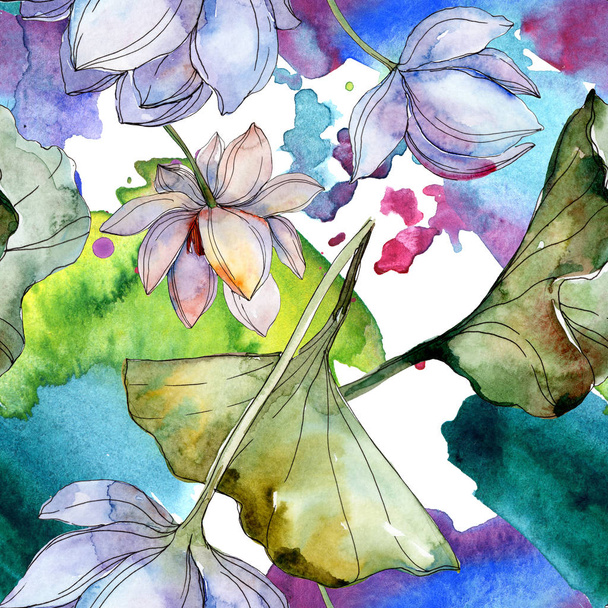 Blue and purple lotuses with leaves. Watercolor illustration set. Seamless background pattern. Fabric wallpaper print texture. - 写真・画像