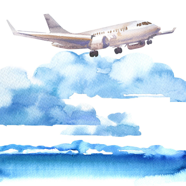 Aereo passeggeri in cielo blu e nuvola, jet volante, aereo di linea atterraggio sul mare, concetto di viaggio o vacanza, illustrazione ad acquerello disegnato a mano su bianco
 - Foto, immagini