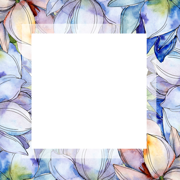 Blauw en paars lotussen. Aquarel achtergrond afbeelding instellen. Frame grens sieraad met kopie ruimte. - Foto, afbeelding