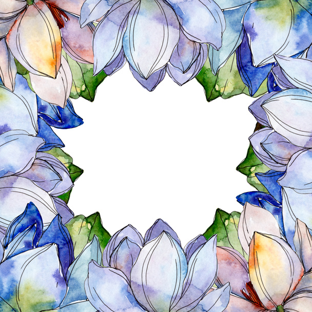 Blue and purple lotuses. Watercolor background illustration set. Frame border ornament with copy space. - Foto, Imagem