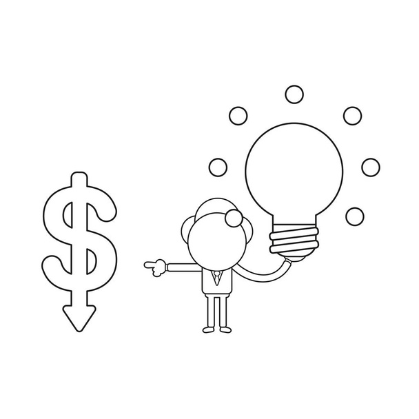 Векторная иллюстрация персонаж бизнесмена, держащий светящуюся лампочку и указывающий на падение доллара. Чёрный контур
. - Вектор,изображение