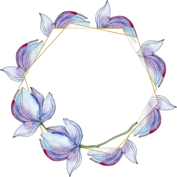 Blue lotuses. Watercolor background illustration set. Frame border ornament with copy space. - Fotoğraf, Görsel