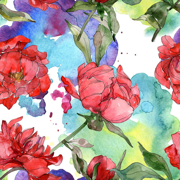 Red peonies watercolor illustration set. Seamless background pattern. Fabric wallpaper print texture. - Φωτογραφία, εικόνα