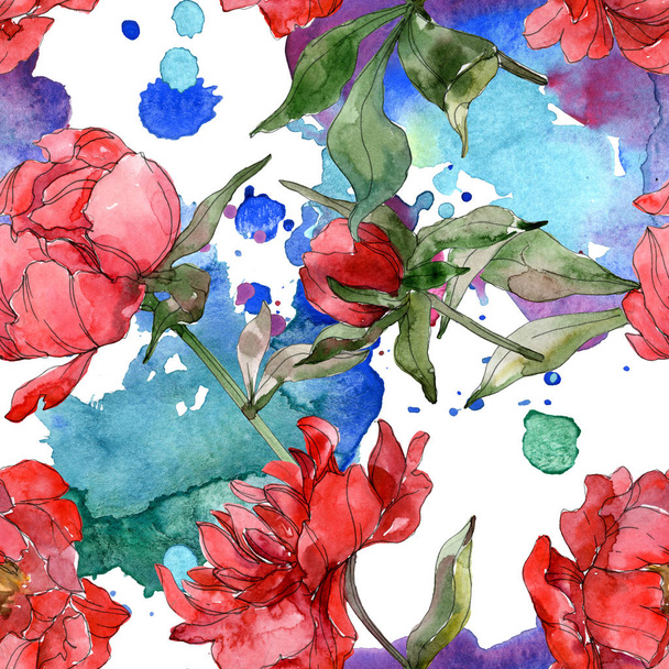 Red peonies watercolor illustration set. Seamless background pattern. Fabric wallpaper print texture. - Foto, Imagem