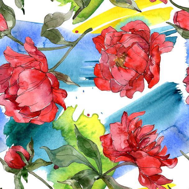 Red peonies watercolor illustration set. Seamless background pattern. Fabric wallpaper print texture. - Fotó, kép