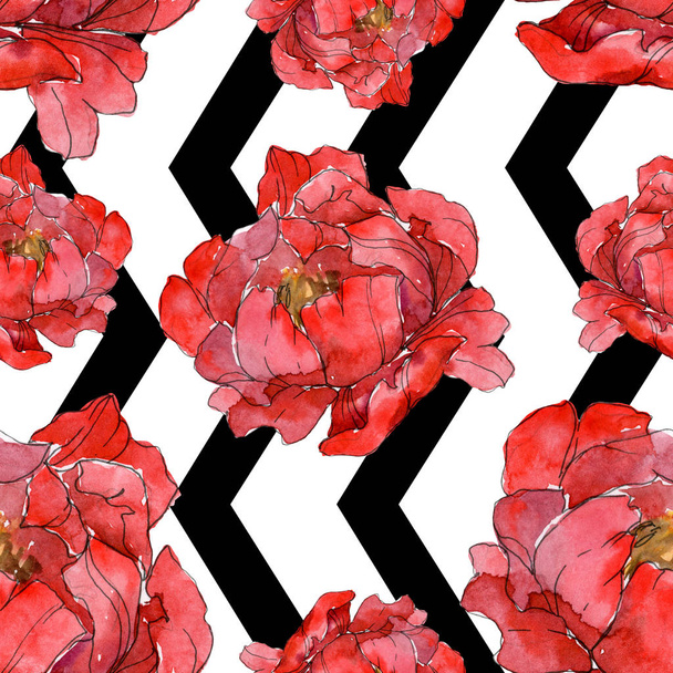 Red peonies watercolor illustration set. Seamless background pattern. Fabric wallpaper print texture. - Foto, Imagen