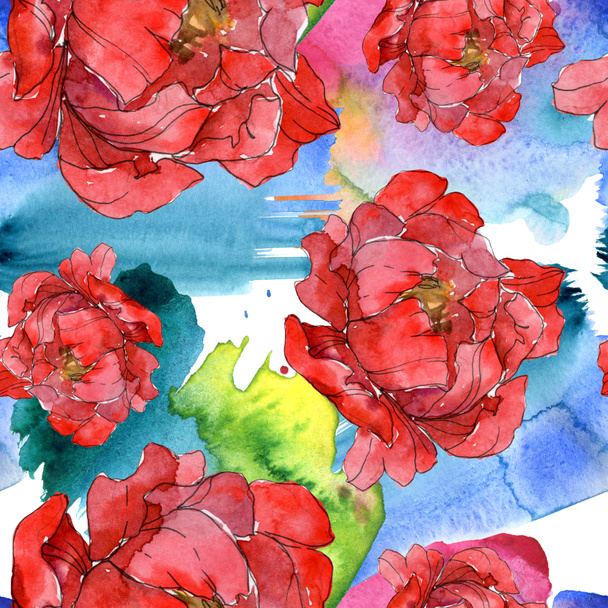 Red peonies watercolor illustration set. Seamless background pattern. Fabric wallpaper print texture. - Foto, afbeelding