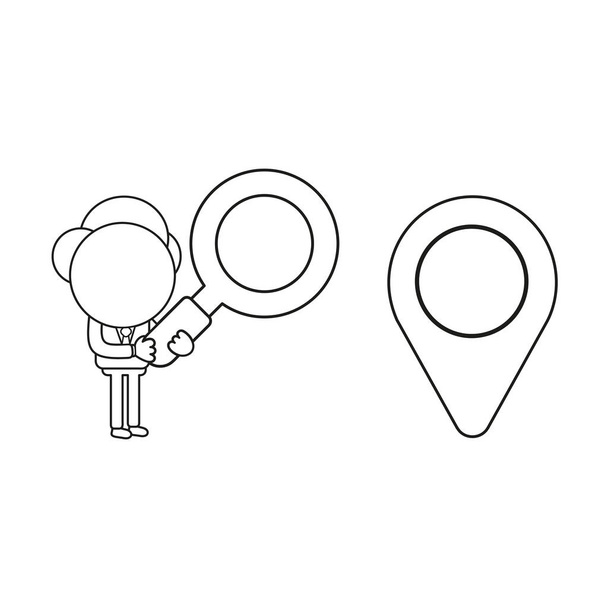 Векторна ілюстрація бізнесмен персонаж тримає збільшувальне скло і дивиться значок покажчика карти. Чорний контур
. - Вектор, зображення