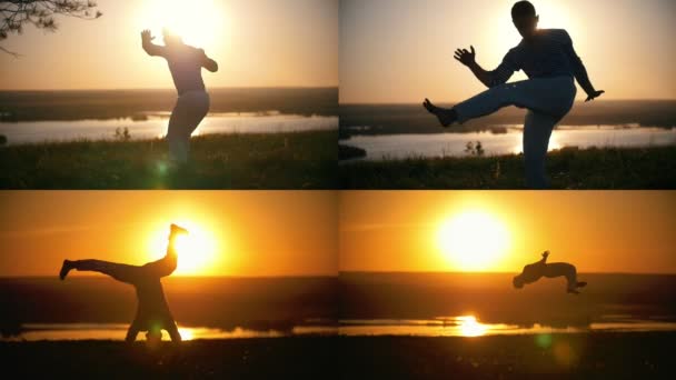 4 in 1: Athletic man shows capoeira tricks, performs a difficult jumps on the background of a beautiful summer sunset - Záběry, video