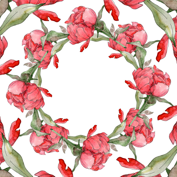 Peonías rojas acuarela fondo ilustración conjunto aislado en blanco. Marco ornamento frontera
. - Foto, Imagen