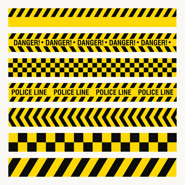 cintas amarillas negras, baricada peligrosa, crimen policial, valla de área peligrosa, estilo plano, imagen vectorial
 - Vector, imagen