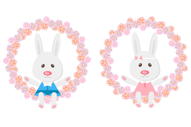 Piirretyt kani keinuvat vaaleanpunaisissa kukkaseppeleissä. Söpö jänis poika, tyttö muotoilu elementti onnittelukortti web, tulostettavaksi
 - Vektori, kuva